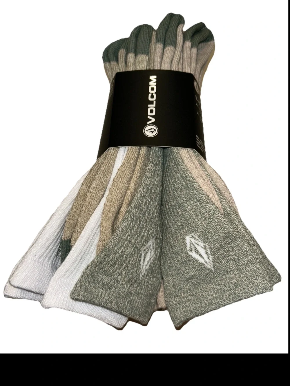 Volcom Cushioned Crew Socks 8 Pair Men 6-12 White Brown Green w Logos Ride NEW!